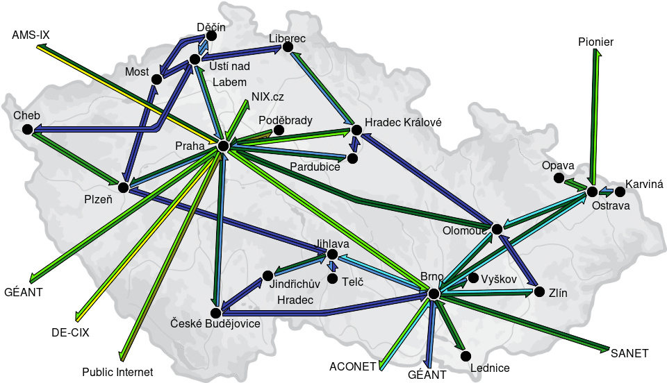 CESNET3 - IP/MPLS backbone utilization, day view - 2025/10/15